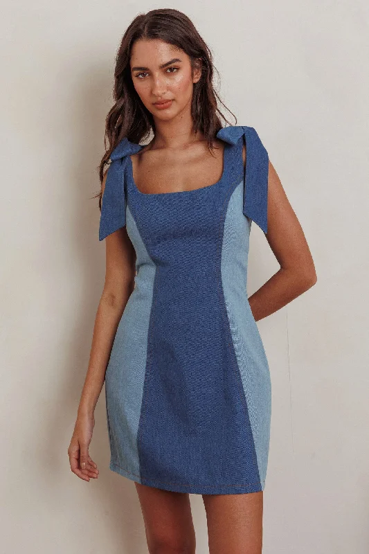 Big Sale Event Kiss City Tied Shoulders Contrast Mini Dress Denim