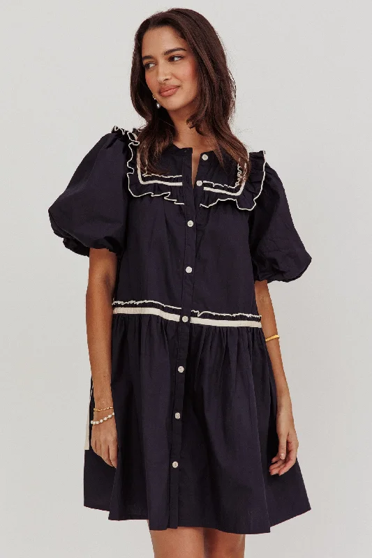 Weekend Flash Offers Late Spring Puff Sleeves Ruffle Mini Dress Navy