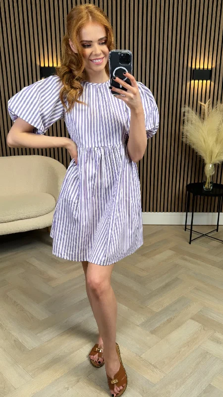 Exclusive Weekly Sale Lee Lilac & White Striped Puff Sleeve Smock Mini Dress