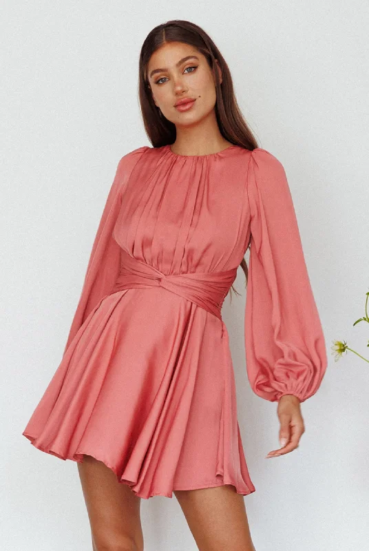 Leia Long Sleeve Waist Tie Mini Dress Rose