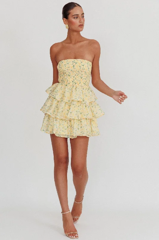 Weekend Markdown Madness Like Angels Shirred Bodice Ruffle Mini Dress Yellow