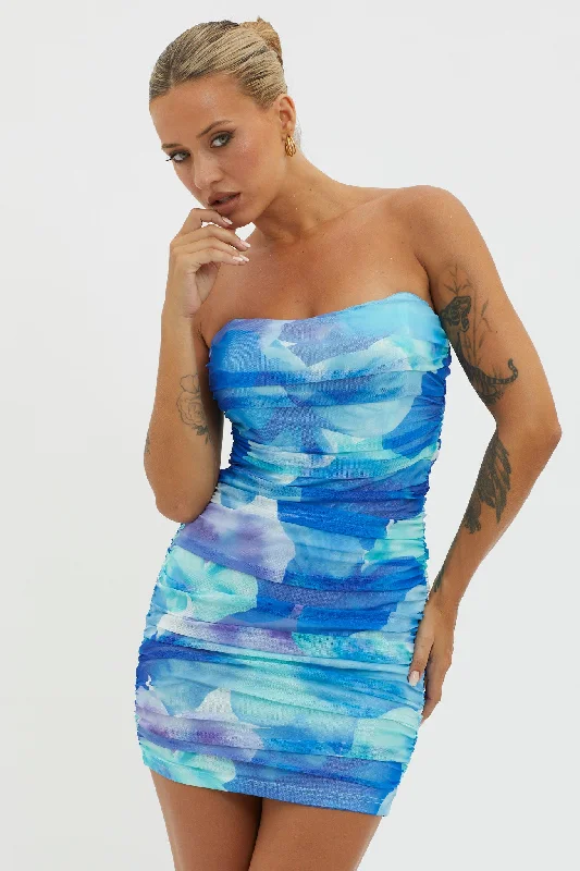 Unmissable Deals Logan Strapless Ruched Dress Floral Blue