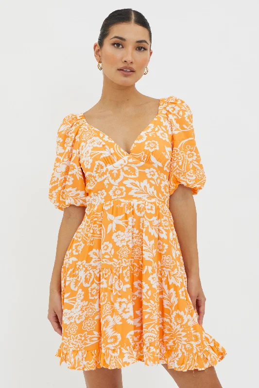 Weekend Special Sale Madrid Summer Tied Back Mini Dress Print Orange