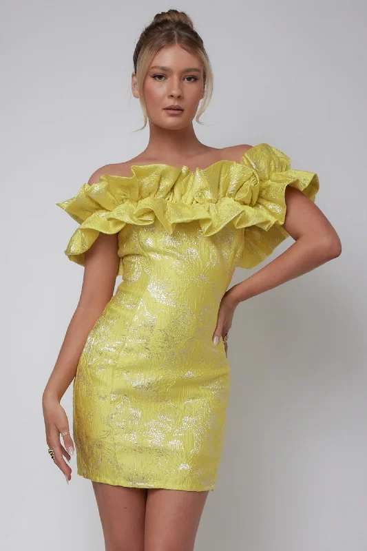 Special Price Drop Memoire Off-Shoulder Jacquard Mini Dress Yellow