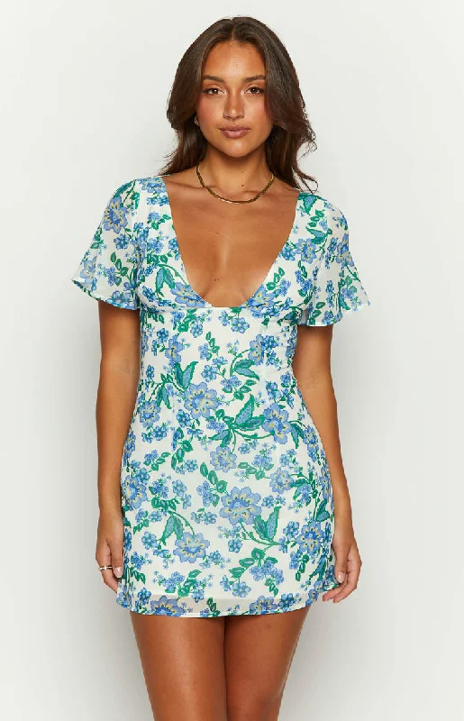 Big Bargain Bonanza Mira Blue Floral Chiffon Mini Dress