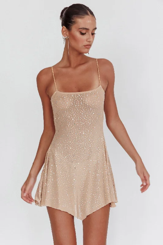Weekend Flash Discount Moon Walker Sheer Rhinestone Mini Dress Nude