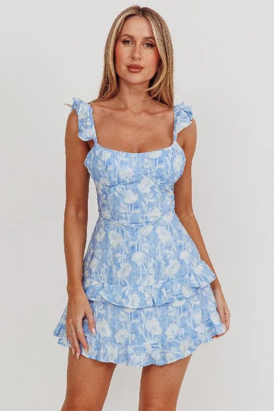 Moonlit Moment Ruffle Trim Lace-Up Back Dress Floral Blue