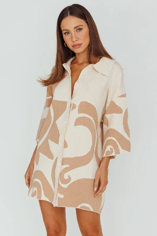 Deal Frenzy Nalani Button Up Knit Shirt Dress Sand/Wood