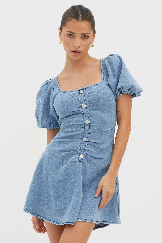 Weekend Super Sale New Heights Puff Sleeve Mini Dress Denim Blue