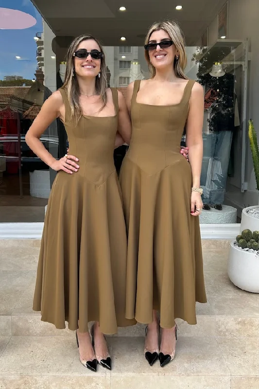 Shop & Save Now The Ultimate Muse Low Waist Square Neck Midi Dress Olive