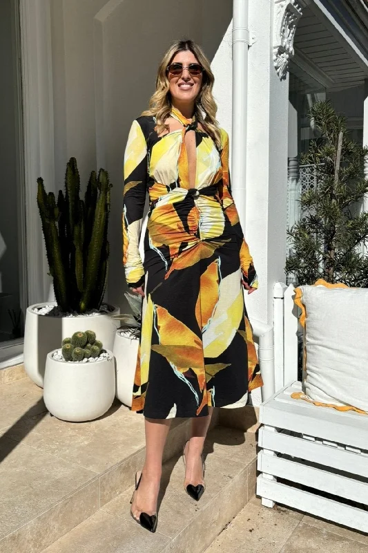 Super Price Drop Petals Of Paradise Long Sleeve Midi Dress Print