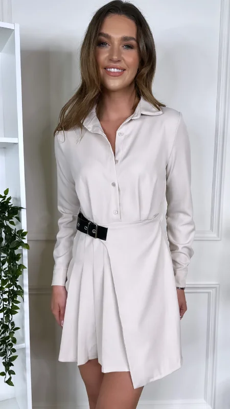 Weekend Special Offers Sam Beige Collared Belted Mini Dress