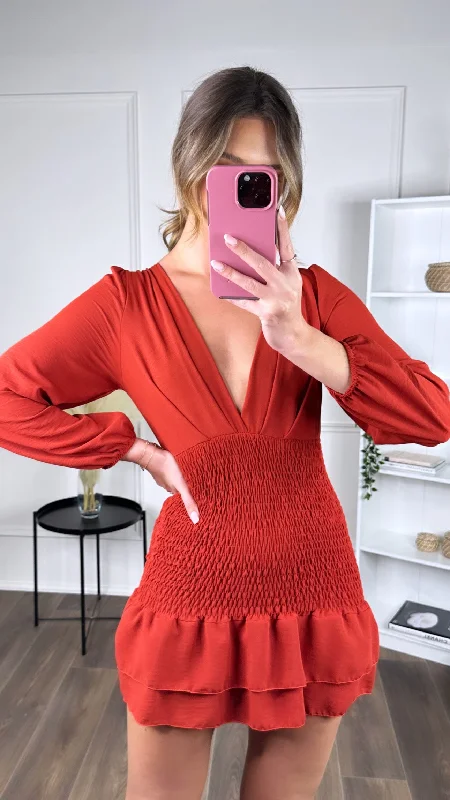 Shop Now and Save Seline Rust V Neckline Fitted Frill Detail Mini Dress