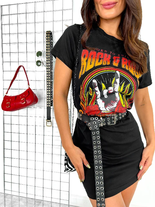 She's A Rocker - Black Red Graphic T-Shirt Dress