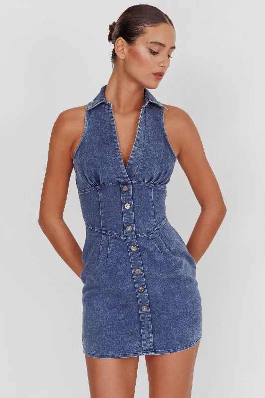 South Beach Faux Button Collared Dress Dark Denim