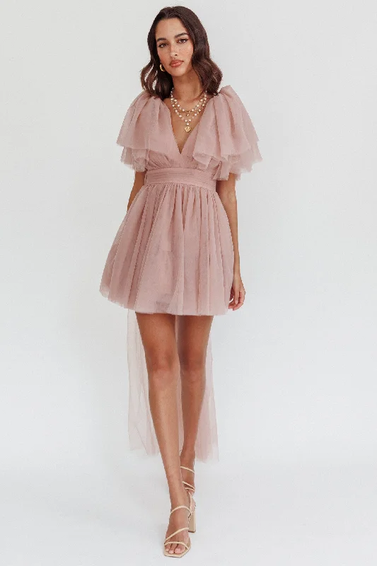 Weekend Hot Bargains Star Power Tulle Train Mini Dress Blush