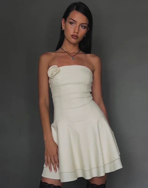 Hot Deals Striata Mini Dress in Cream with Rosette and Lace Back
