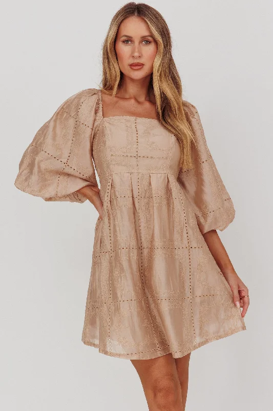 Time-Sensitive Offer Summerlin Puff Sleeve Eyelet Mini Dress Beige