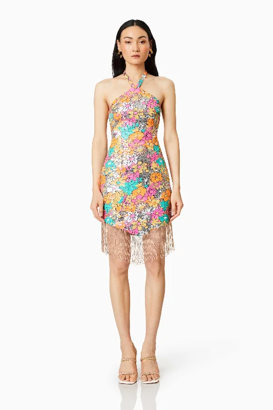 Unbeatable Flash Deals Tahiti Floral Sequin Mini Dress In Multi