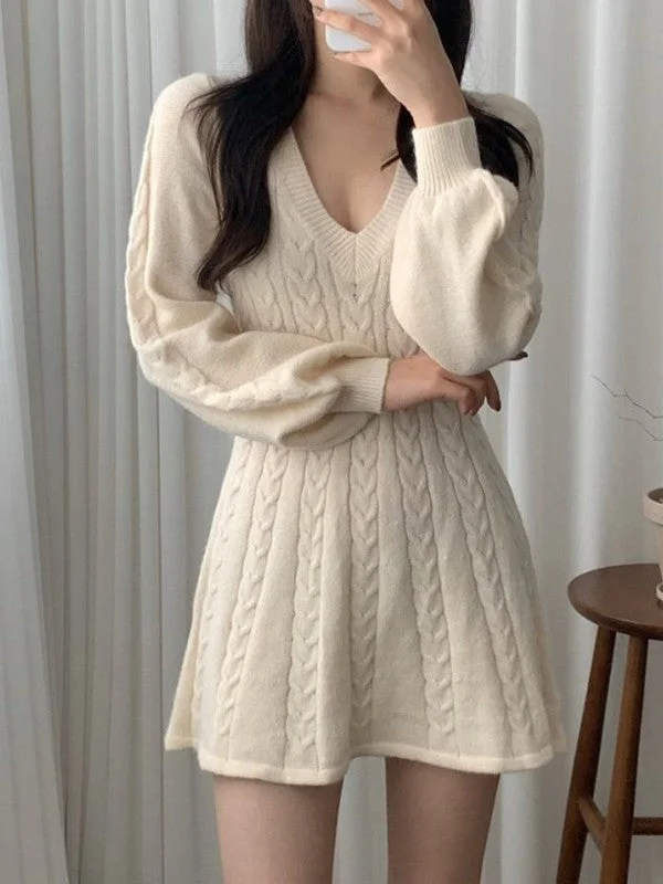 Unmissable Deals V Neck Cable Knit Long Sleeve Mini Dress