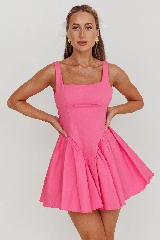 Weekend Shopping Spree Verdant Square Neck Flared Mini Dress Fuchsia