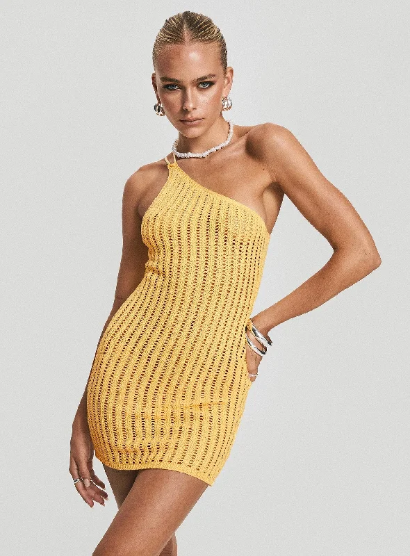 Weekend Bonanza Voyage Crochet Mini Dress Yellow