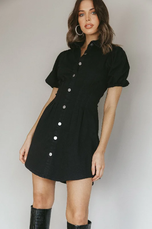 Zurich Pleated Waist Shirt Dress Black