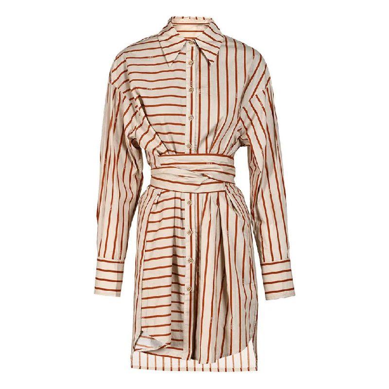 Artful Striped Print Collared Drop Shoulder Button Down Belted High Low Shirt Dress