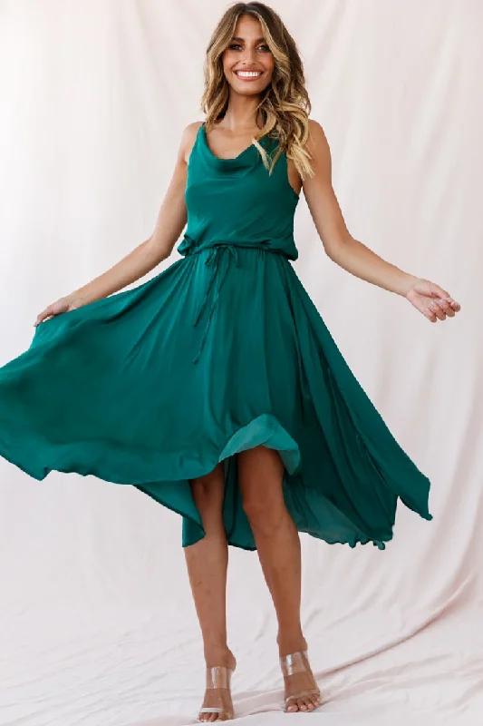 Weekend Markdowns Ava Cowl Neck Drawstring Midi Dress Forest Green