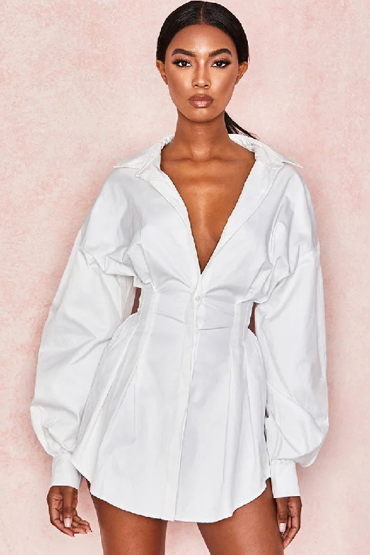 Balloon Sleeve Cinch Waist Button Down Mini Shirt Dress - White