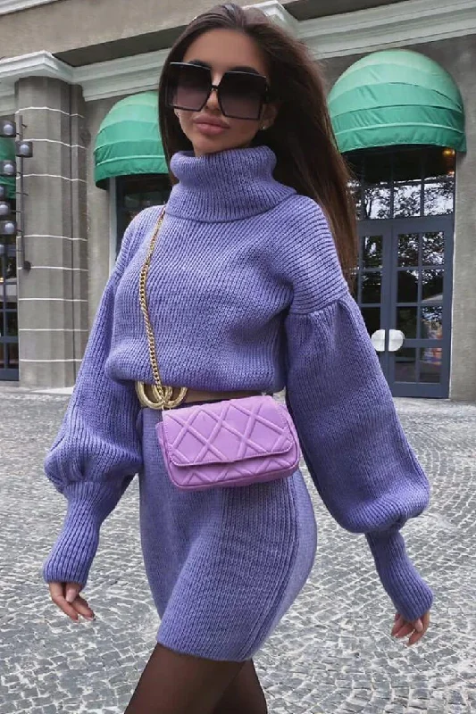 Weekend Exclusive Discounts Bishop Sleeve Turtleneck Winter Sweater Midi Dress - Purple