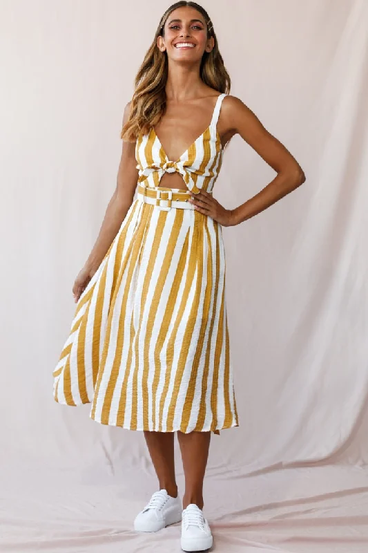 Weekend Sale Extravaganza Crystal Tied Knot Belt Midi Dress Mustard