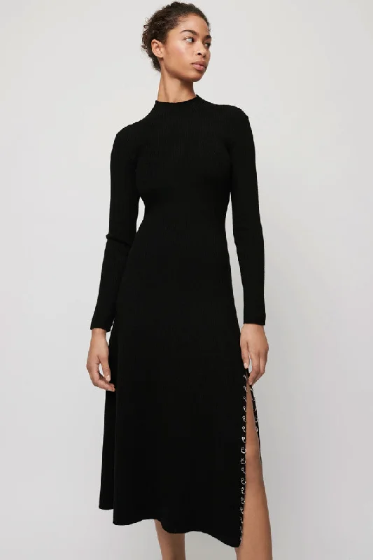 Weekend Hot Offers Long Sleeve High Neck High Slit Cashmere Sweater Midi Dress - Black