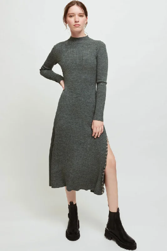 Weekend Promo Offers Long Sleeve High Neck High Slit Cashmere Sweater Midi Dress - Gray