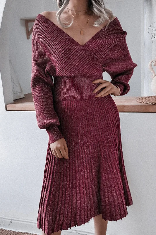 Weekend Offers You Love Metallic Lurex Rib Knit Off Shoulder Sweater Two Piece Midi Dress - Burgundy