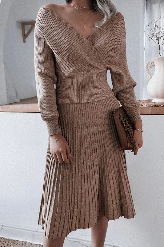 Weekend Shopping Fiesta Metallic Lurex Rib Knit Off Shoulder Sweater Two Piece Midi Dress - Coffee