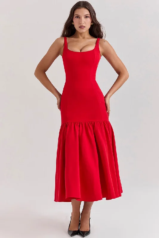 Weekend Special Discounts Minimal Scoop Neck Sleeveless Drop Waist Ruffle Cocktail Party Midi Dress