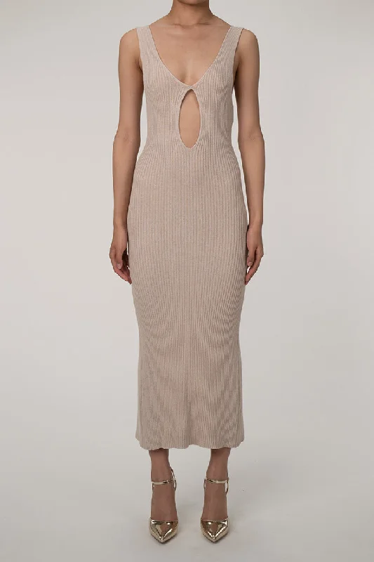 Weekend Flash Offers Minimalist Plunge Keyhole Cutout Ribbed Knit Sleeveless Sweater Midi Dress