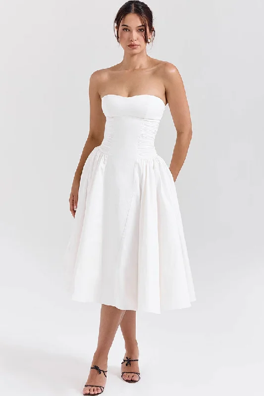 Weekend Clearance Frenzy Minimalist Strapless Ruched Bustier Drop Waist Fit and Flare Cocktail Midi Dress
