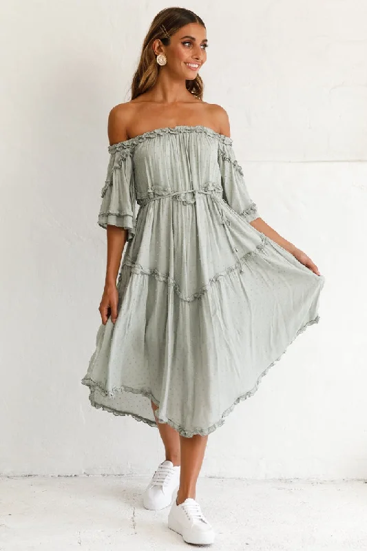 Weekend Hot Picks Renoir Off-Shoulder Frill Trim Midi Dress Olive