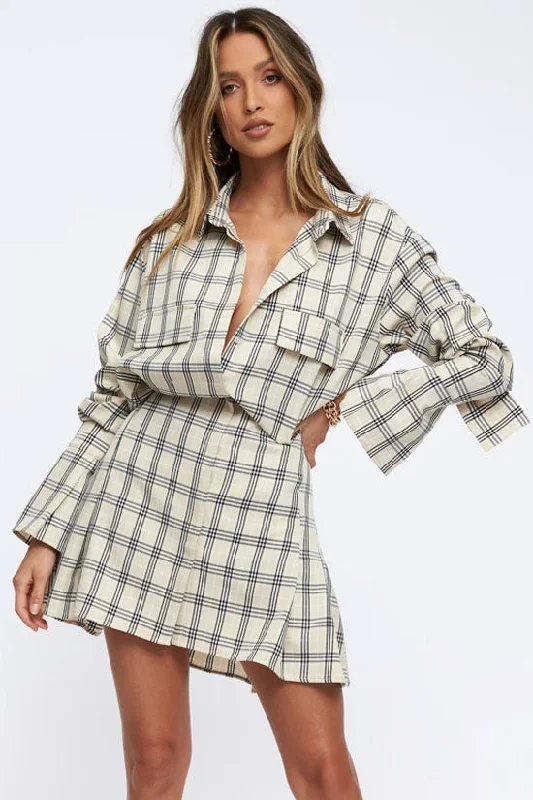 Vintage Plaid Print Long Sleeve Button Down Mini Shirt Dress - Khaki