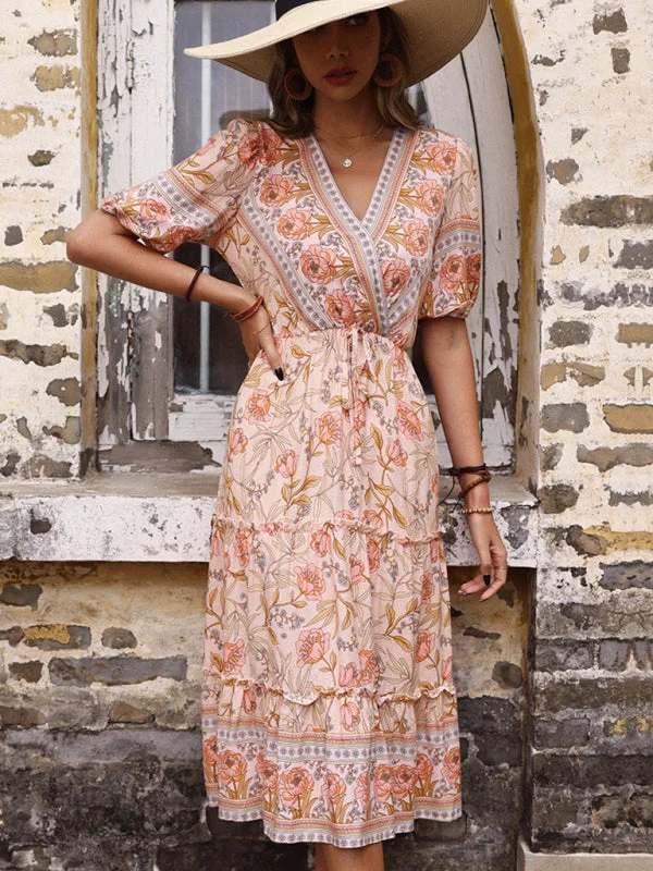 Weekend Sale Marathon BerryBetty - Vintage Women's Pink Fungus Print V-Neck Midi Dress
