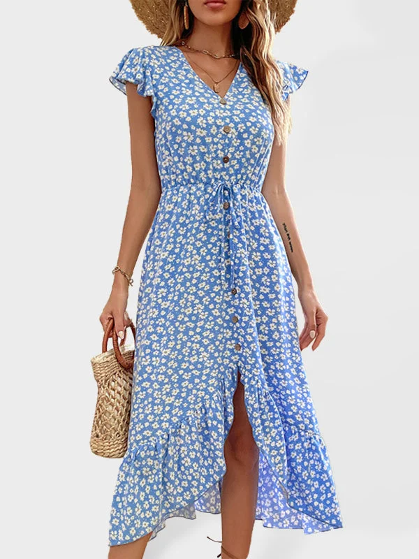 Weekend Flash Offers BerryBetty - Women's Floral Print Flutter Sleeve V-neck Midi Dress