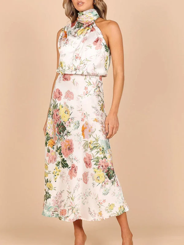 Weekend Steals Await BerryBetty - Women's Floral Print Halter Neck Midi Dress