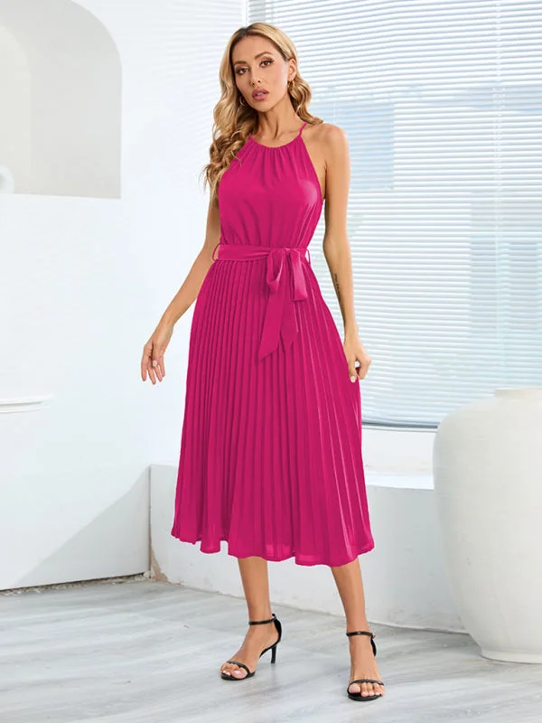 Weekend Bargain Weekends BerryBetty - Women's Solid Color Pleated Halter Midi Dress