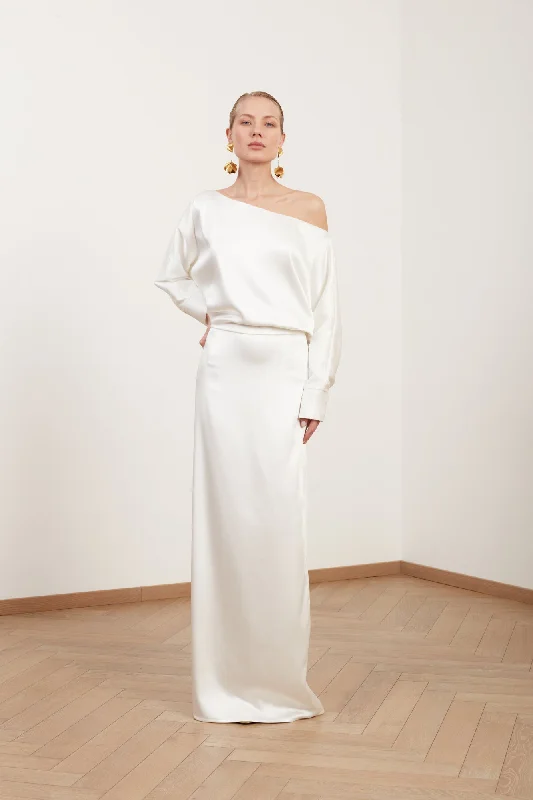 Weekend Flash Offers AGALIA soft satin off-the-shoulder maxi wedding dress with open shoulder