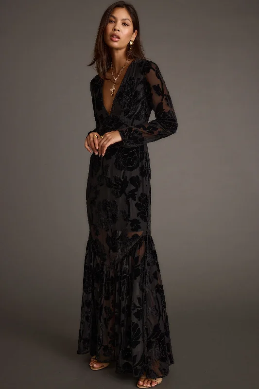 Best Offers Angela Black Velvet Burnout Long Sleeve Maxi Dress