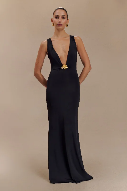 Price Slash Alert Beck Plunge Maxi Dress With Floral Hardware - Black