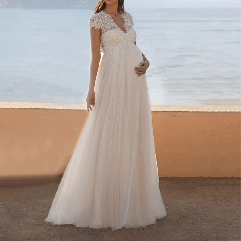 White Maternity Woman Open Back V-Neck Long Wedding Dress