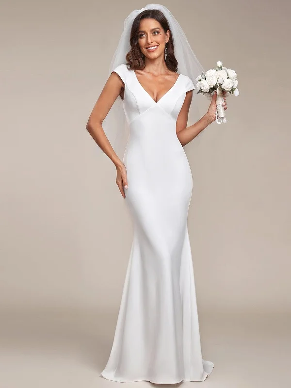 Cap Sleeve Deep V-Neck Backless Fishtail Wedding Dress